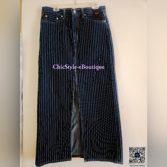 Levi's Ankle Column Denim Skirt Striped Partly Masked - Dark Wash NO LOW BALLING - Picture 10 of 12